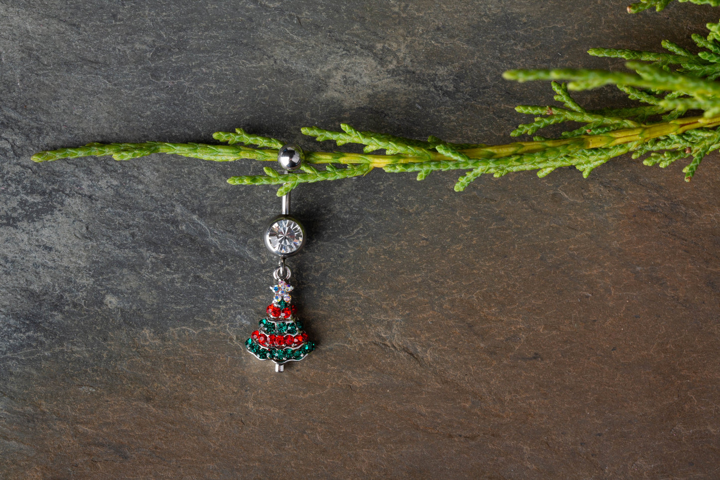 Red and Green CZ Crystal Paved Christmas Tree Dangling Belly Button Ring - 316L Stainless Steel