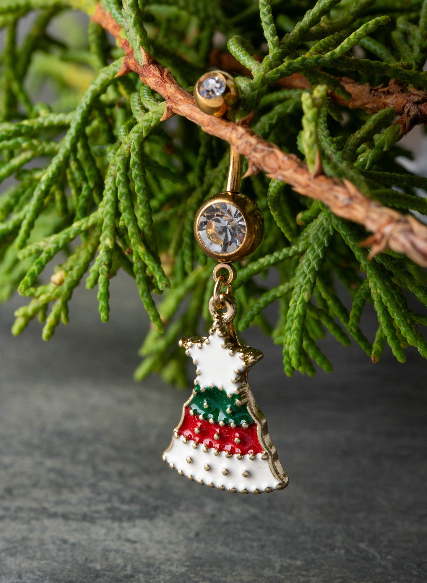 CZ Crystal White Star Christmas Tree Dangling Belly Button Ring - Gold Plated 316L Stainless Steel