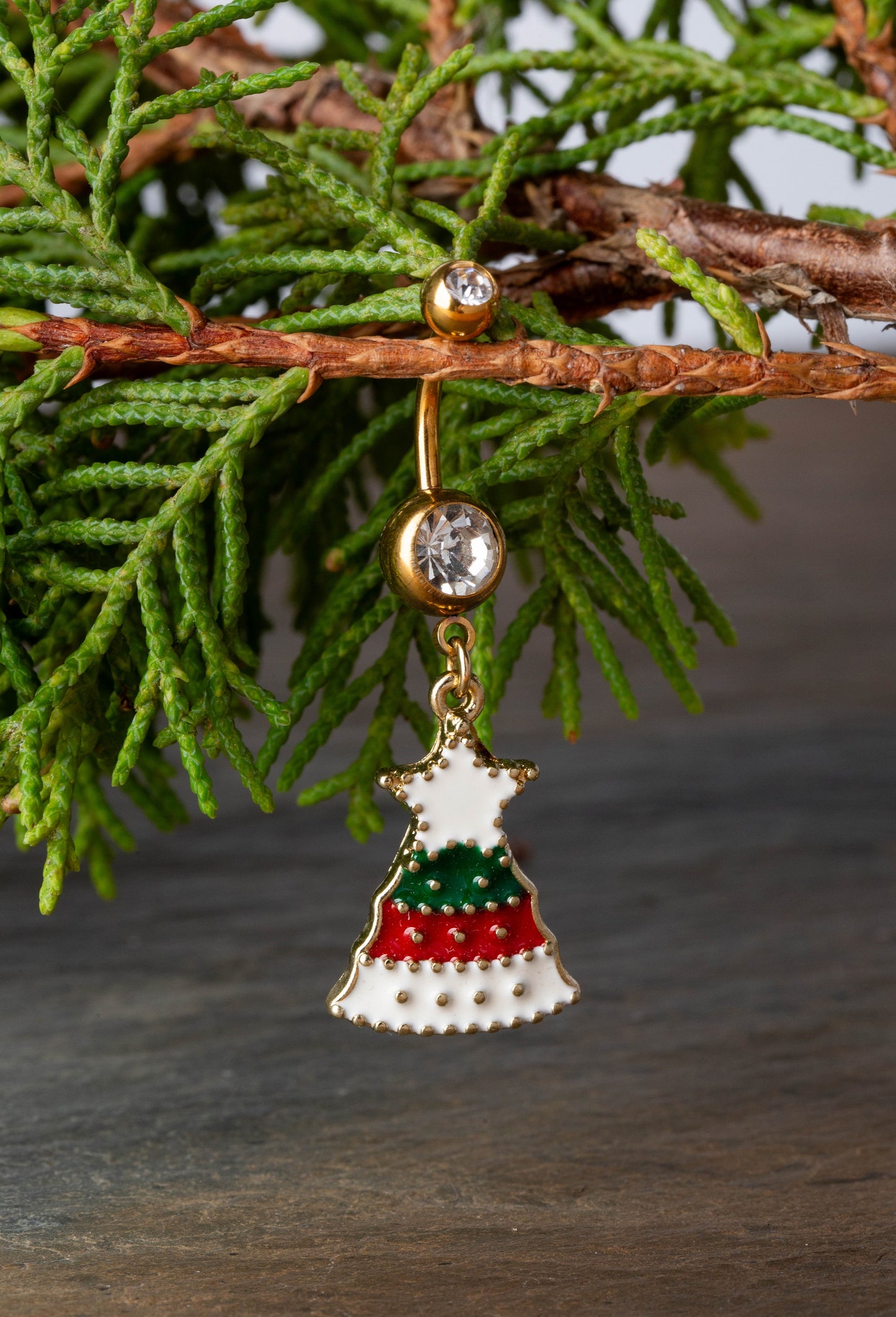 CZ Crystal White Star Christmas Tree Dangling Belly Button Ring - Gold Plated 316L Stainless Steel