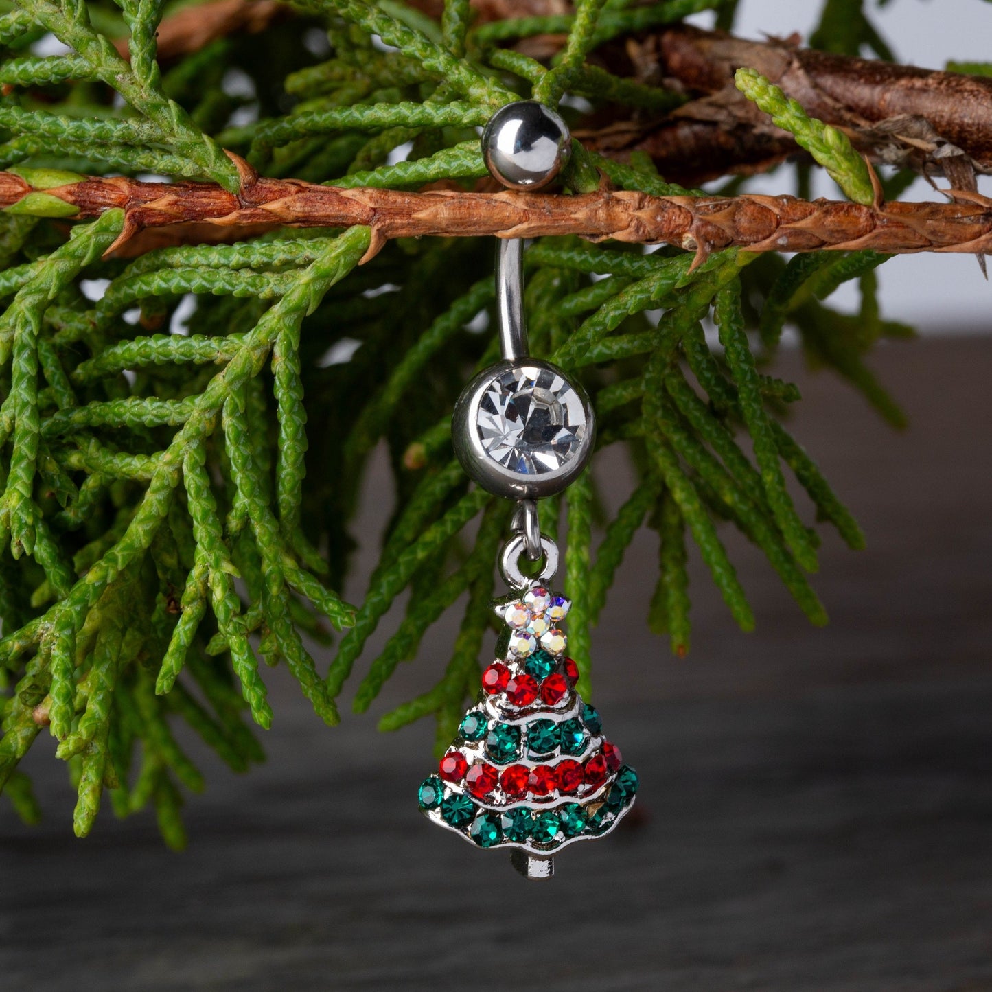 Red and Green CZ Crystal Paved Christmas Tree Dangling Belly Button Ring - 316L Stainless Steel