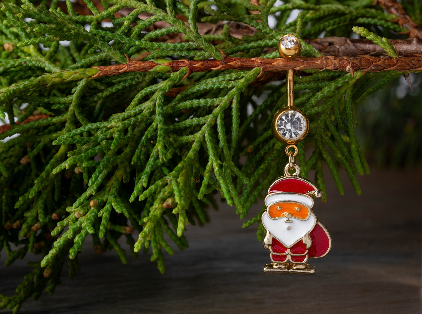 CZ Crystal Santa Clause Dangling Belly Button Ring - Gold Plated 316L Stainless Steel