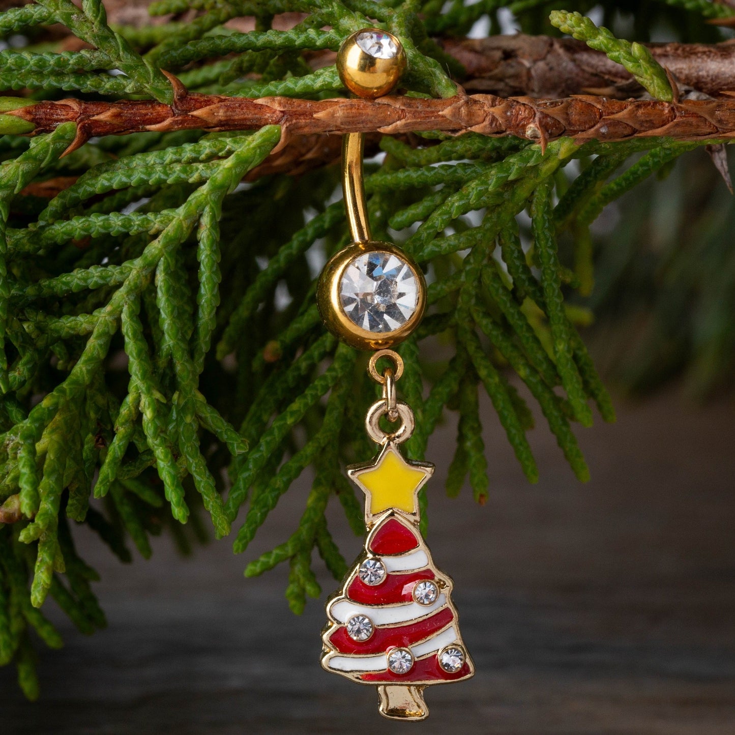 CZ Crystal Yellow Star Christmas Tree Dangling Belly Button Ring - Gold Plated 316L Stainless Steel
