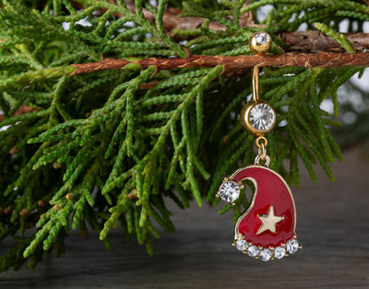 CZ Crystal Christmas Santa Hat Dangling Belly Button Ring - Gold Plated 316L Stainless Steel