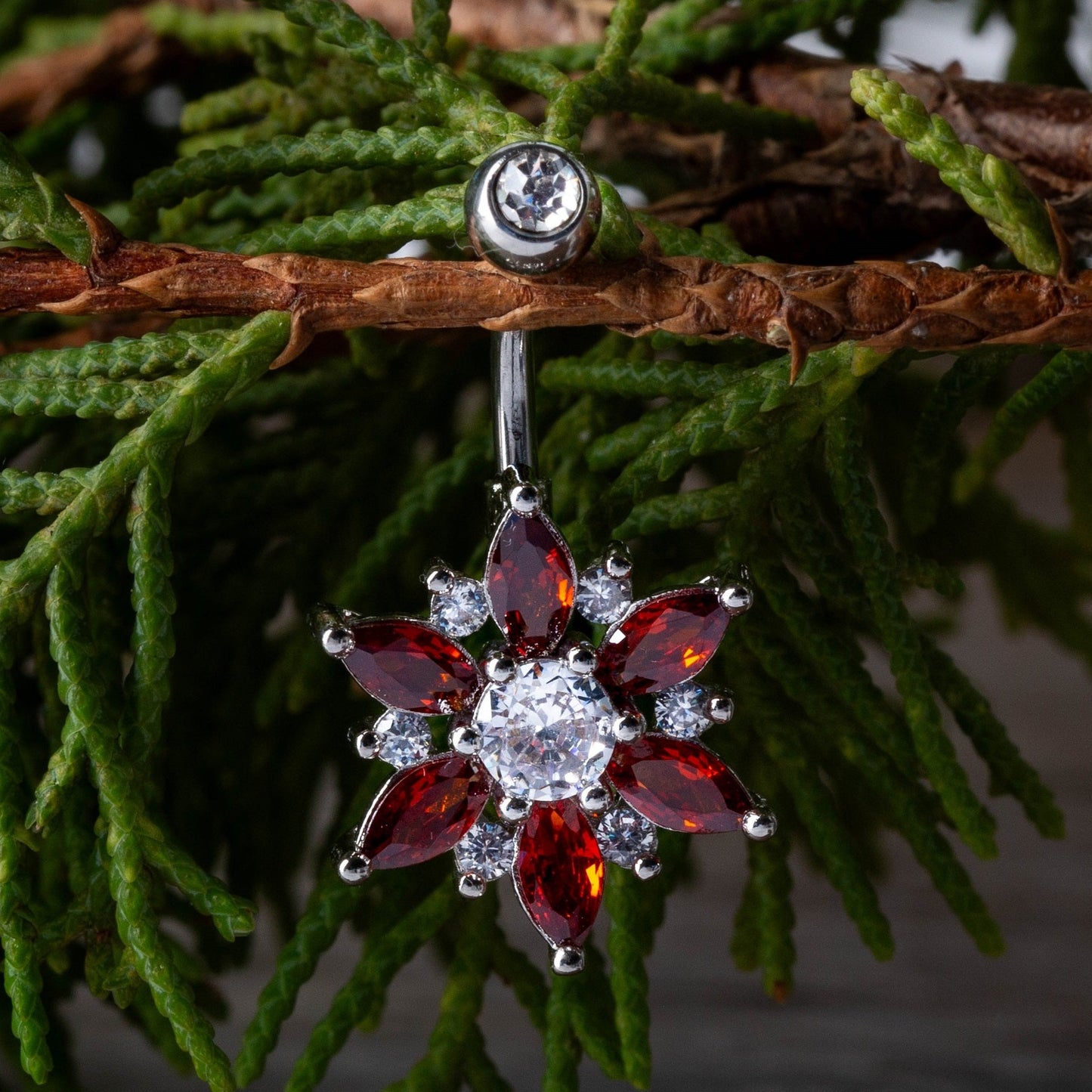 CZ Crystal Flower with Marquise Petals Belly Button Ring - 316L Stainless Steel