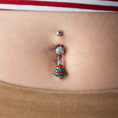 Red and Green CZ Crystal Paved Christmas Tree Dangling Belly Button Ring - 316L Stainless Steel