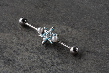 Aqua Snowflake with Faux Pearls Industrial Barbell - 316L Stainless Steel