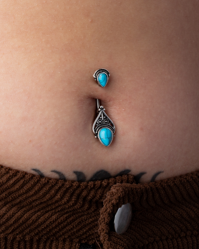 Double Semi Precious Stone Vintage Filigree Belly Button Ring - Stainless Steel