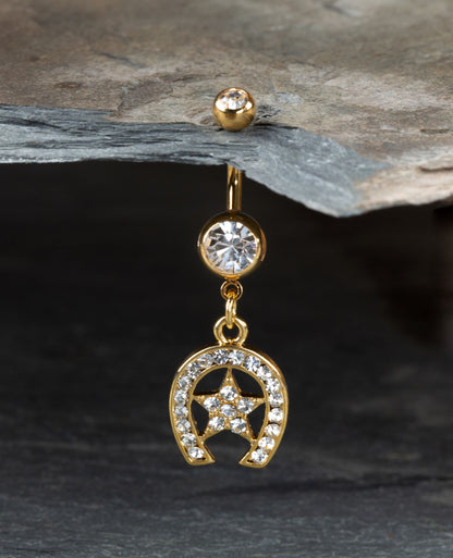 CZ Crystal Gold Star Lucky Horseshoe Dangling Belly Button Ring - Gold Plated Stainless Steel