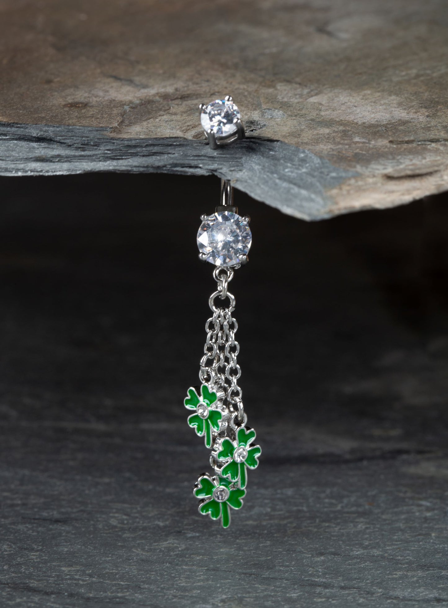 CZ Crystal Dangling Chains with Green Enamel Shamrocks Belly Button Ring - 316L Stainless Steel