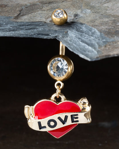Red Love Heart Tattoo Dangling Belly Button Ring - 316L Stainless Steel