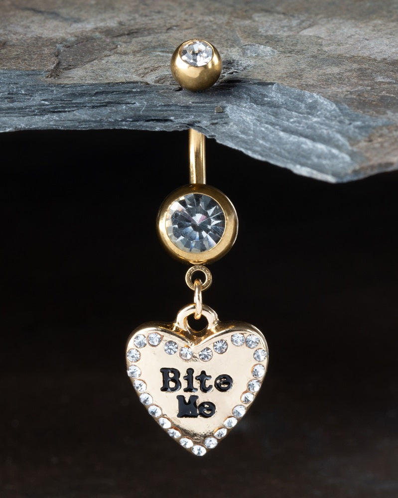 Heart Shaped Naughty Message Dangling Belly Button Ring - Gold Plated 316L Stainless Steel