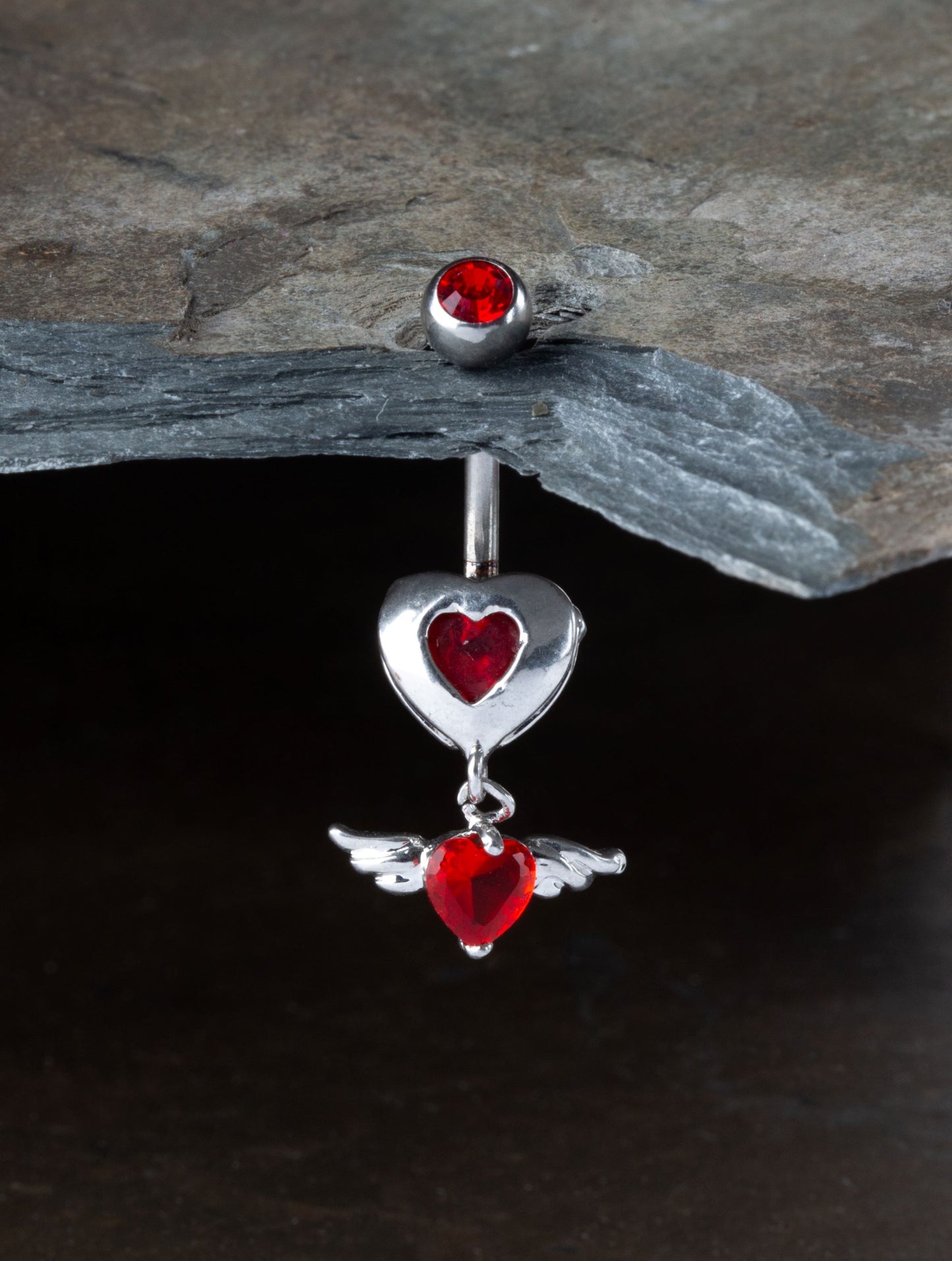 Red CZ Crystal Winged Heart Dangling Belly Button Ring - Stainless Steel