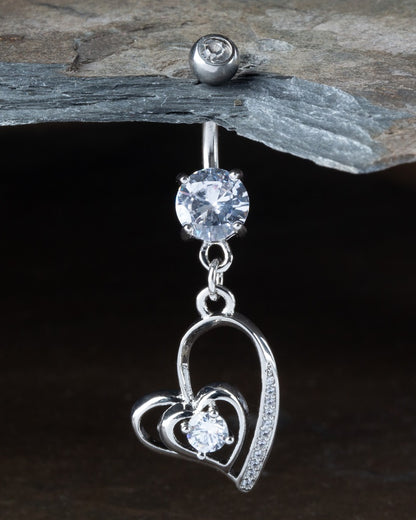 CZ Crystal Center Double Heart Dangling Belly Button Ring - 316L Stainless Steel