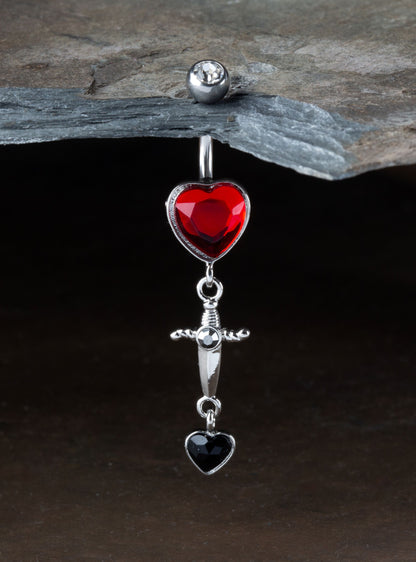 CZ Crystal Heart and Dagger Dangling Belly Button Ring - Stainless Steel