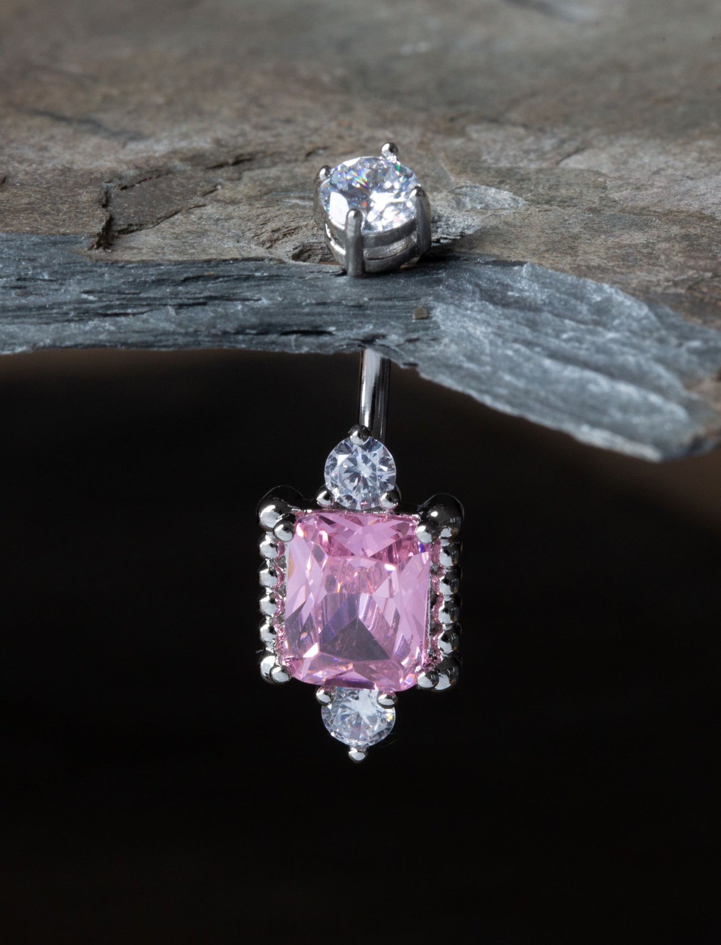 Pink CZ Crystal Princess Mirror Belly Button Ring - Stainless Steel