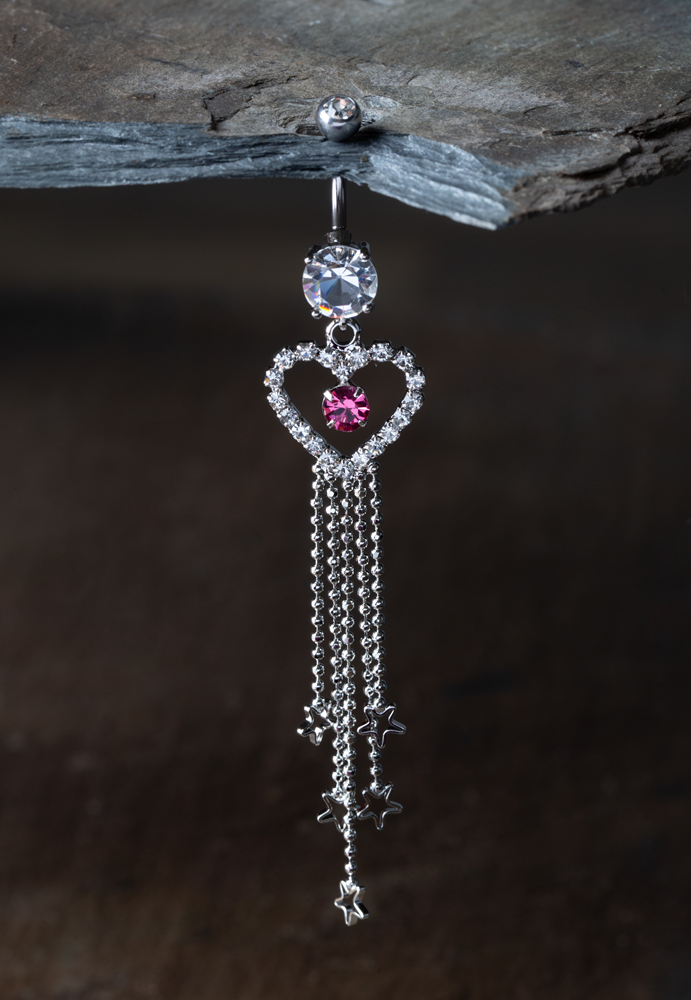 CZ Crystal Heart Outline with Dangling Star Chains Belly Button Ring - Stainless Steel