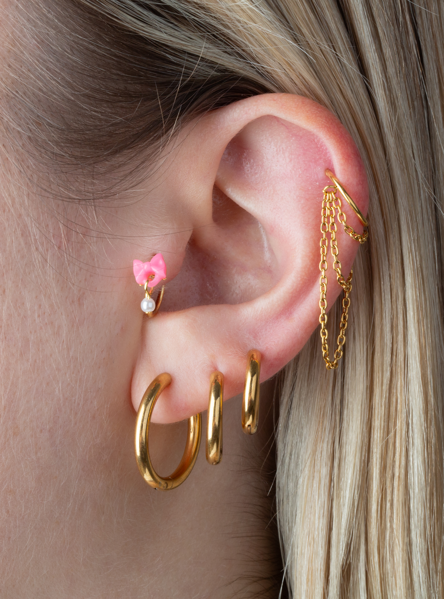 Pink Ribbon with Dangling Faux Pearl Bendable Nose Ring - Gold Plated Stainless Steel