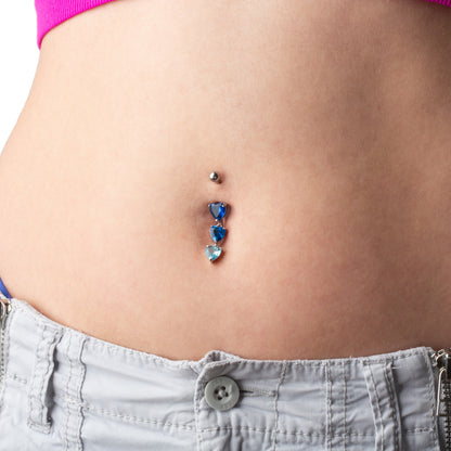 Triple Blue CZ Crystal Hearts Dangling Belly Button Ring - 316L Stainless Steel