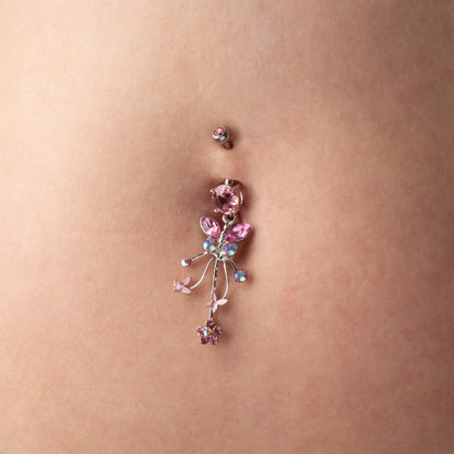 Butterfly with Dangling Charms Belly Button Ring - Stainless Steel