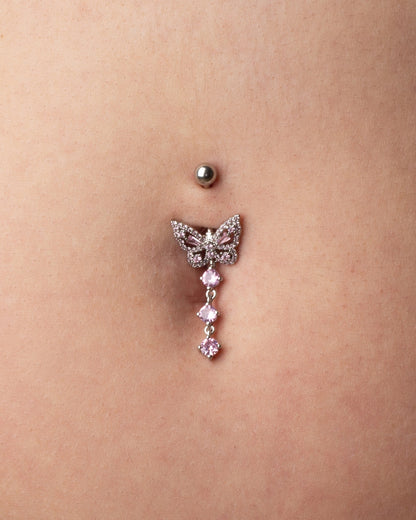 CZ Crystal Butterfly with Dangling Crystals Belly Button Ring - 316L Stainless Steel