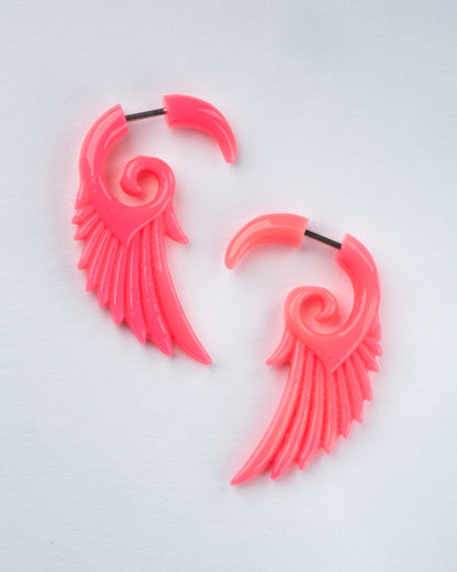 Pink Angel Wing Fake Hanging Taper Earrings - Acrylic - Pair