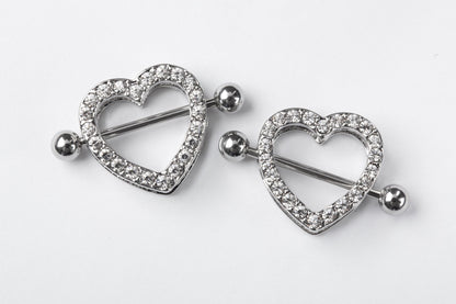 Gem Paved Heart Nipple Shields - 316L Stainless Steel