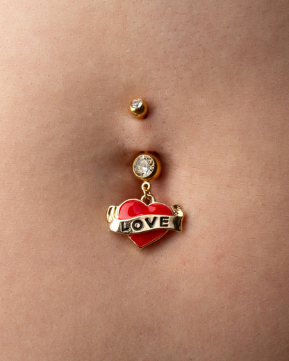 Red Love Heart Tattoo Dangling Belly Button Ring - 316L Stainless Steel