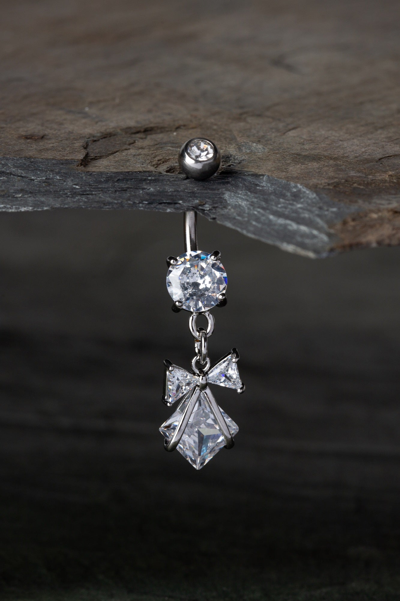 Clear CZ Crystal Bow Dangling Belly Button Ring - 316L Stainless Steel