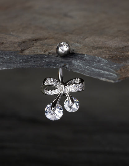 CZ Crystal Paved Bow Ribbon Belly Button Ring - 316L Stainless Steel