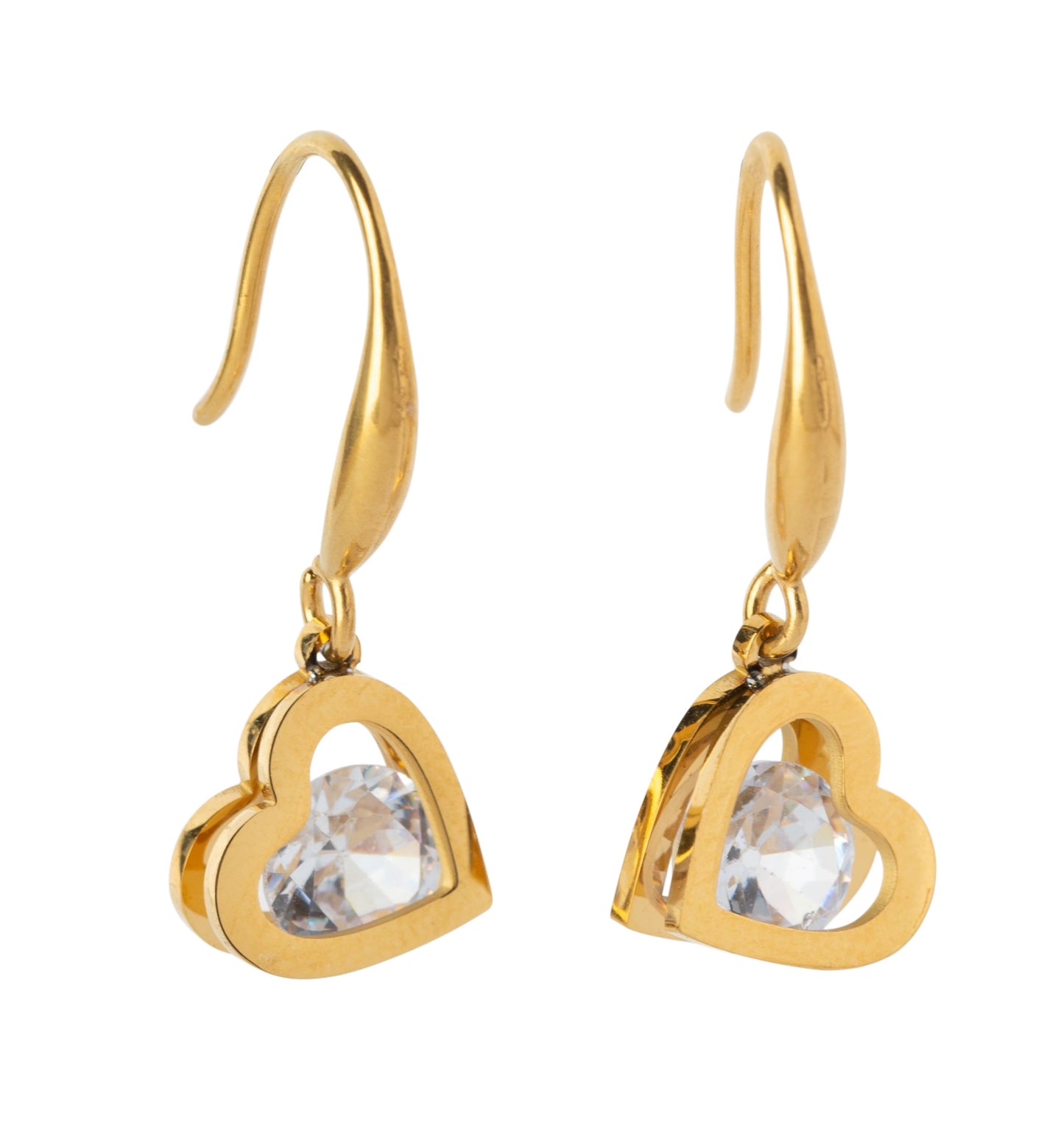 CZ Crystal Hollow Heart Shaped Dangling Earrings - Pair - 316L Stainless Steel