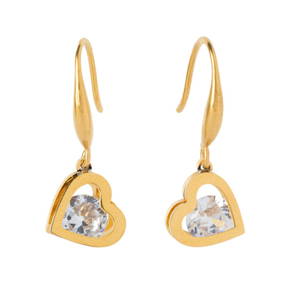 CZ Crystal Hollow Heart Shaped Dangling Earrings - Pair - 316L Stainless Steel