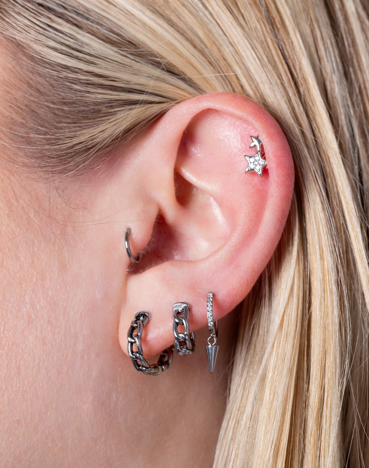 Chain Link Huggie Hoop Earrings - Pair - Stainless Steel