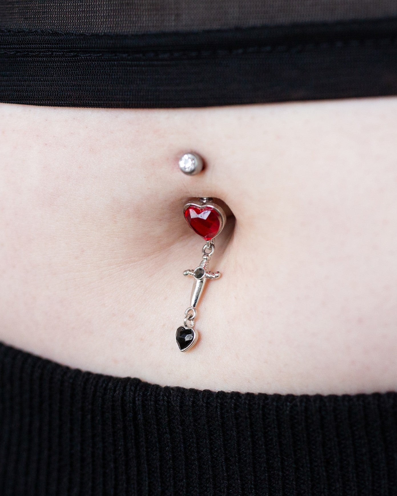 CZ Crystal Heart and Dagger Dangling Belly Button Ring - Stainless Steel