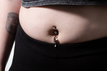 Black CZ Crystal Crescent Moon with Rose and Dangling Gem Belly Button Ring - 316L Stainless Steel