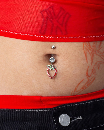 CZ Crystal Dangling Red Strawberry Outline Belly Button Ring - Stainless Steel