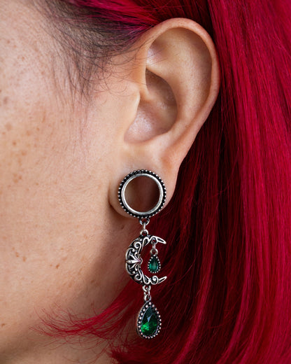 Vintage Filigree Moon Dangling Vibrant Green Stone Set Screw Fit Tunnels - Stainless Steel - Pair