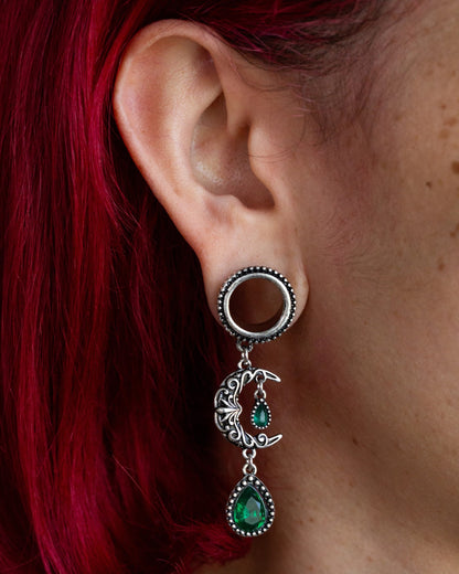 Vintage Filigree Moon Dangling Vibrant Green Stone Set Screw Fit Tunnels - Stainless Steel - Pair