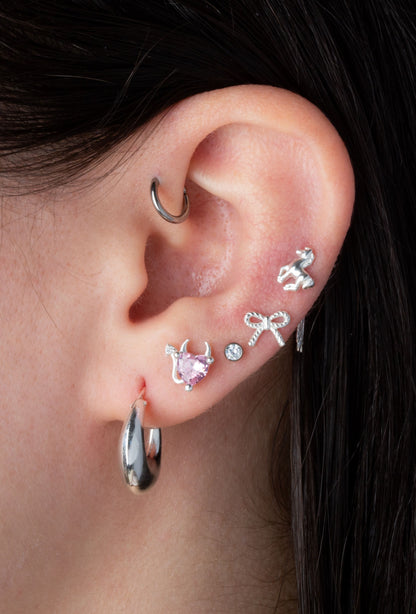 Pink CZ Crystal Devil Heart Stud Earrings - Pair - 925 Sterling Silver