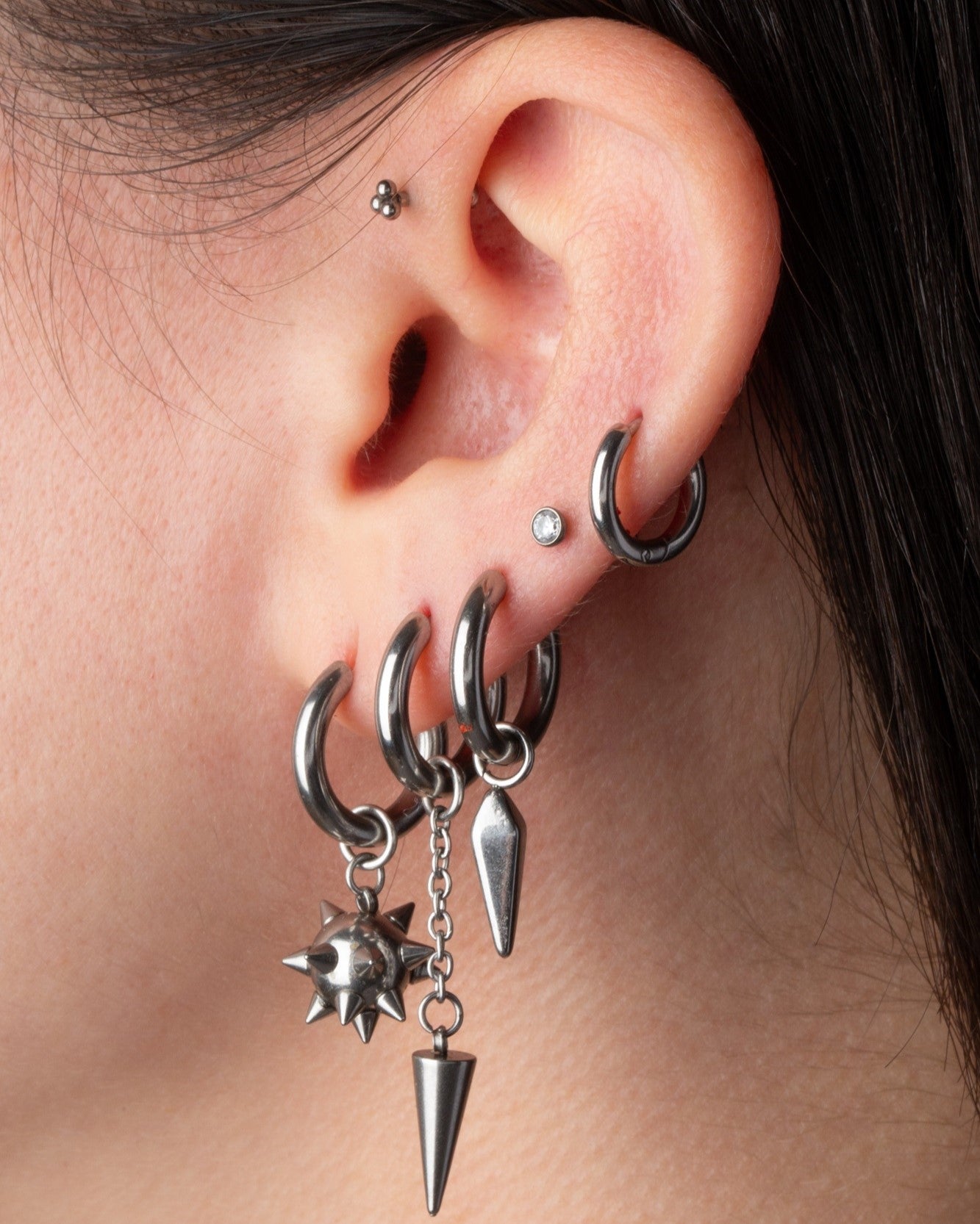 Spiked Ball Dangling Huggie Hoop Earrings - Pair - 316L Stainless Steel