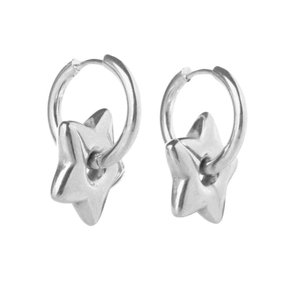 Puffy Star Huggie Hoop Earrings - Pair - Stainless Steel