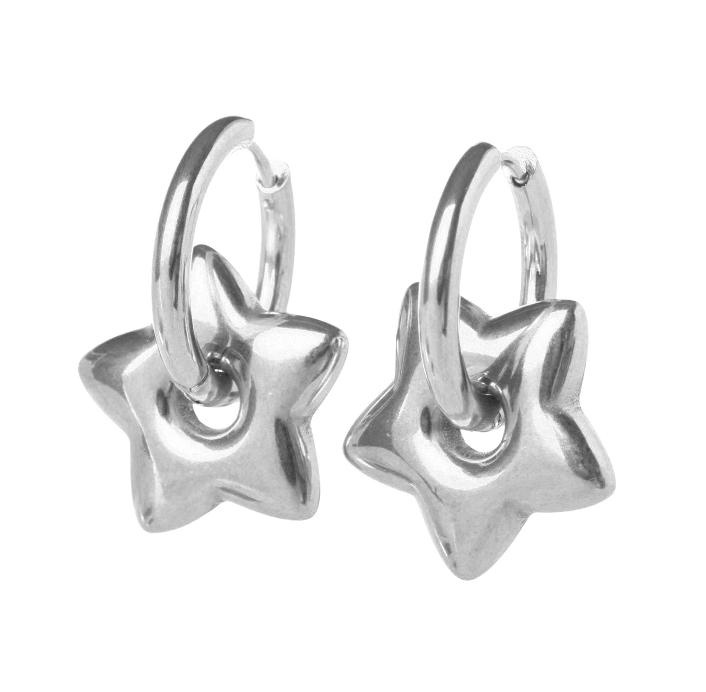 Puffy Star Huggie Hoop Earrings - Pair - Stainless Steel