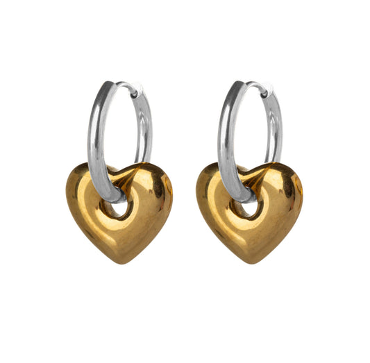 Puffy Heart Huggie Hoop Earrings - Pair - Stainless Steel