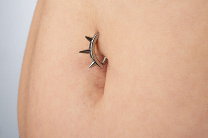 Spike Lined Hinged Curved Bar Belly Button Ring - 316L Stainless Steel