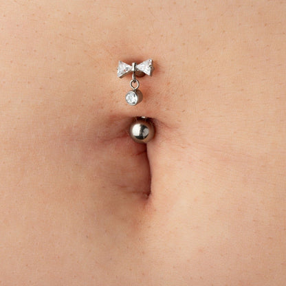 Threadless Push-In CZ Crystal Bow with Dangling Gem Belly Button Ring - ASTM F-136 Implant Grade Titanium