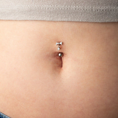 Threadless Push-In CZ Crystal Bow with Dangling Gem Belly Button Ring - ASTM F-136 Implant Grade Titanium