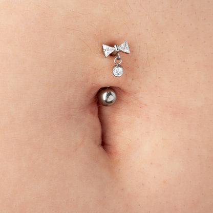 Threadless Push-In CZ Crystal Bow with Dangling Gem Belly Button Ring - ASTM F-136 Implant Grade Titanium