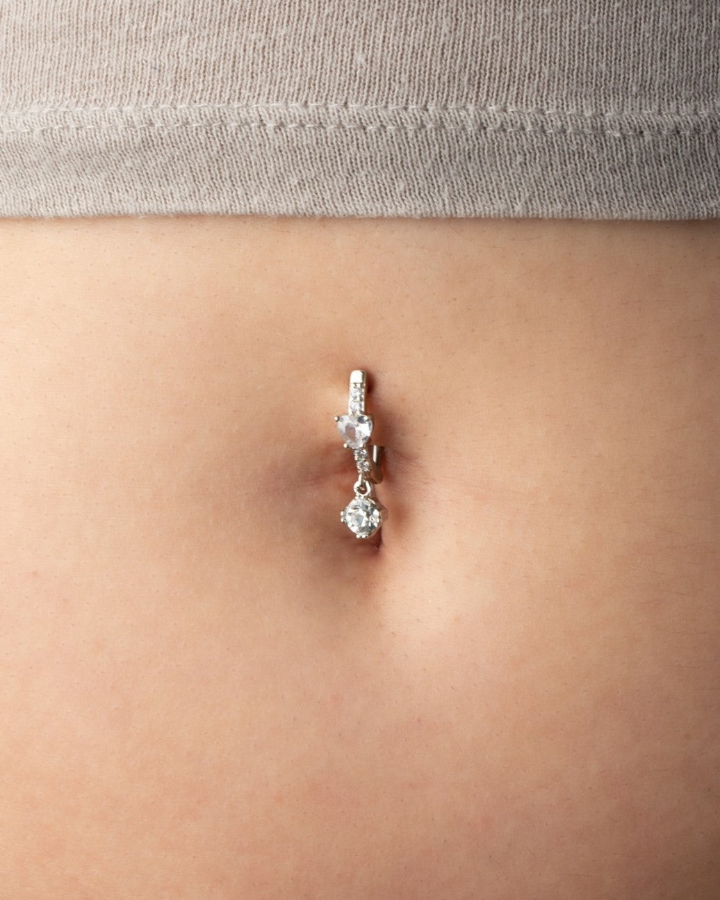 CZ Crystal Heart Center with Dangling Gem Hinged Curved Bar Belly Button Ring - 316L Stainless Steel