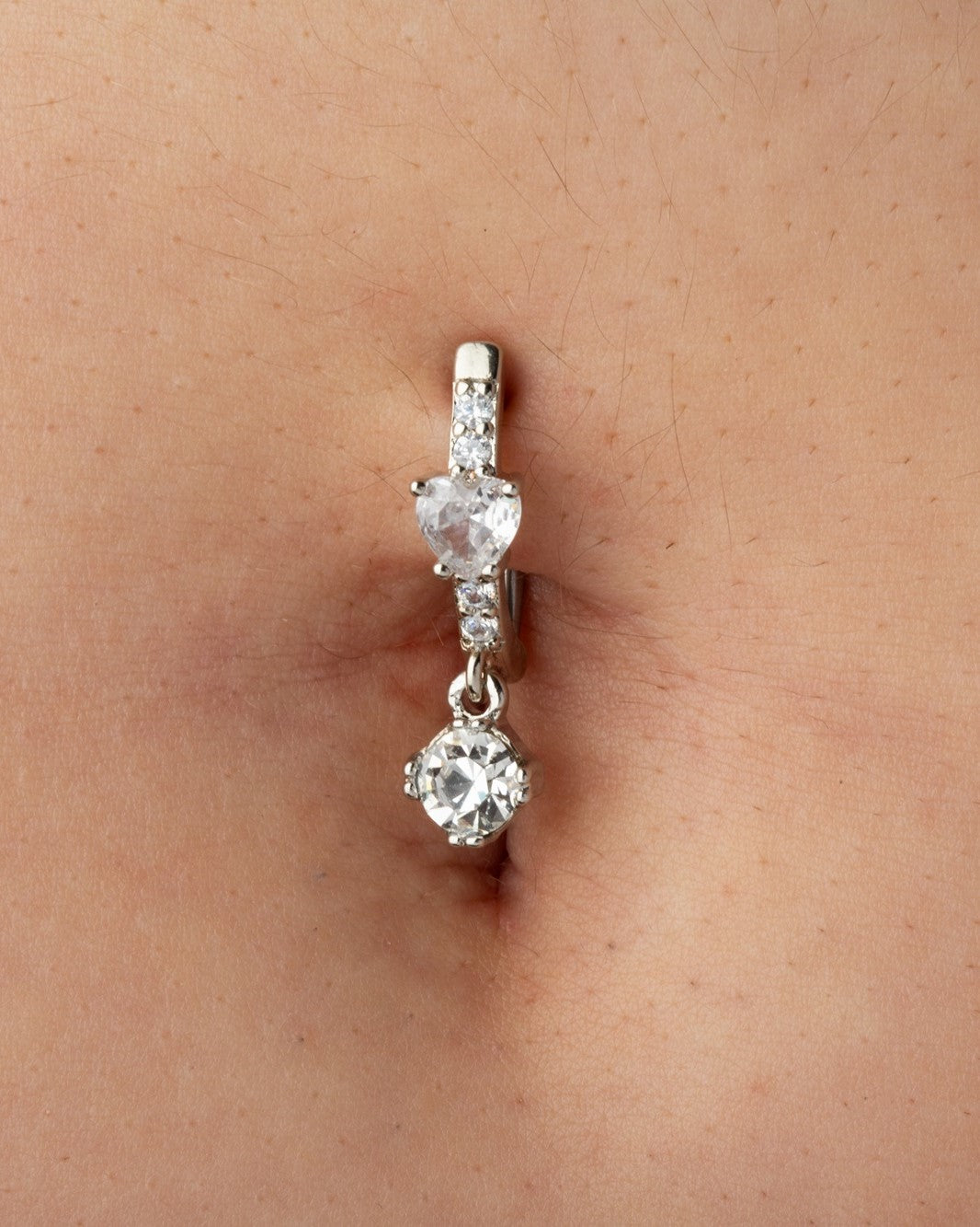 CZ Crystal Heart Center with Dangling Gem Hinged Curved Bar Belly Button Ring - 316L Stainless Steel