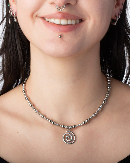 Beaded Spiral Pendant Necklace - Stainless Steel