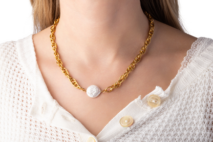 Faux Pearl Chain Necklace - Gold Plated Stainless Steel